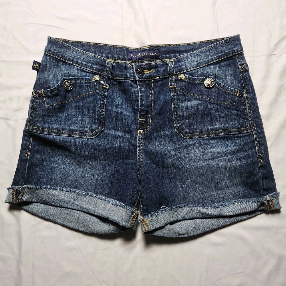 Rock & Republic Womens 12 Stinger Cuffed Frayed Hem Shorts Flap Pockets